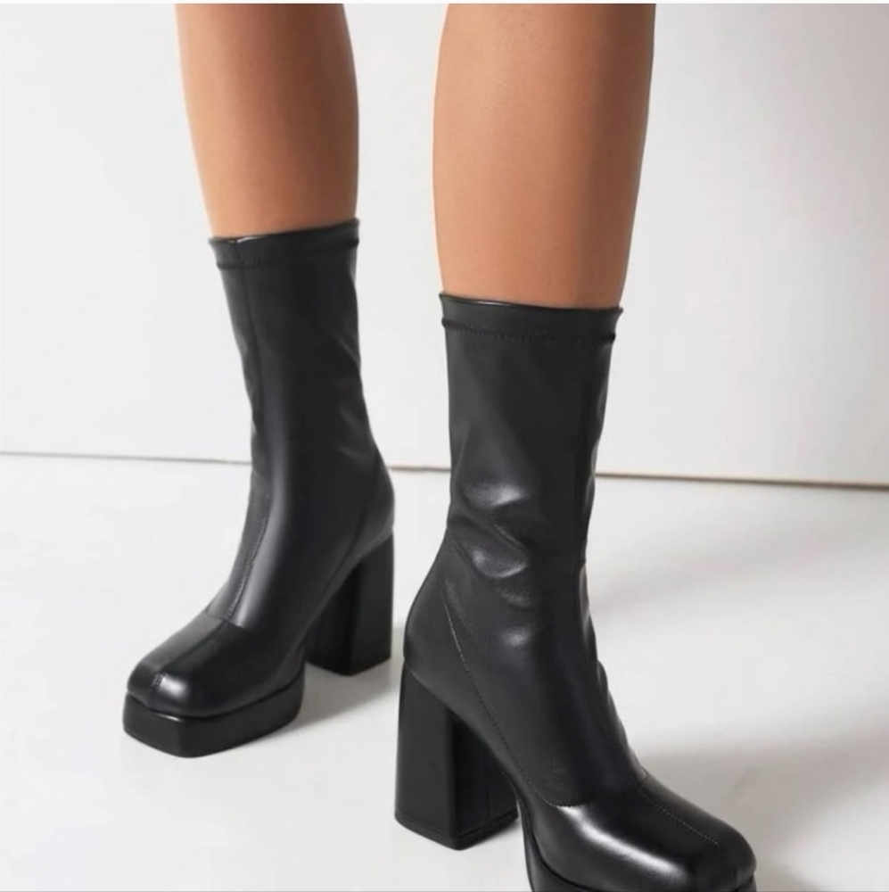 Womens Sock Boots Platform-Heel Booties Ankle Boots Square Toe Size 7 (Eu 38)